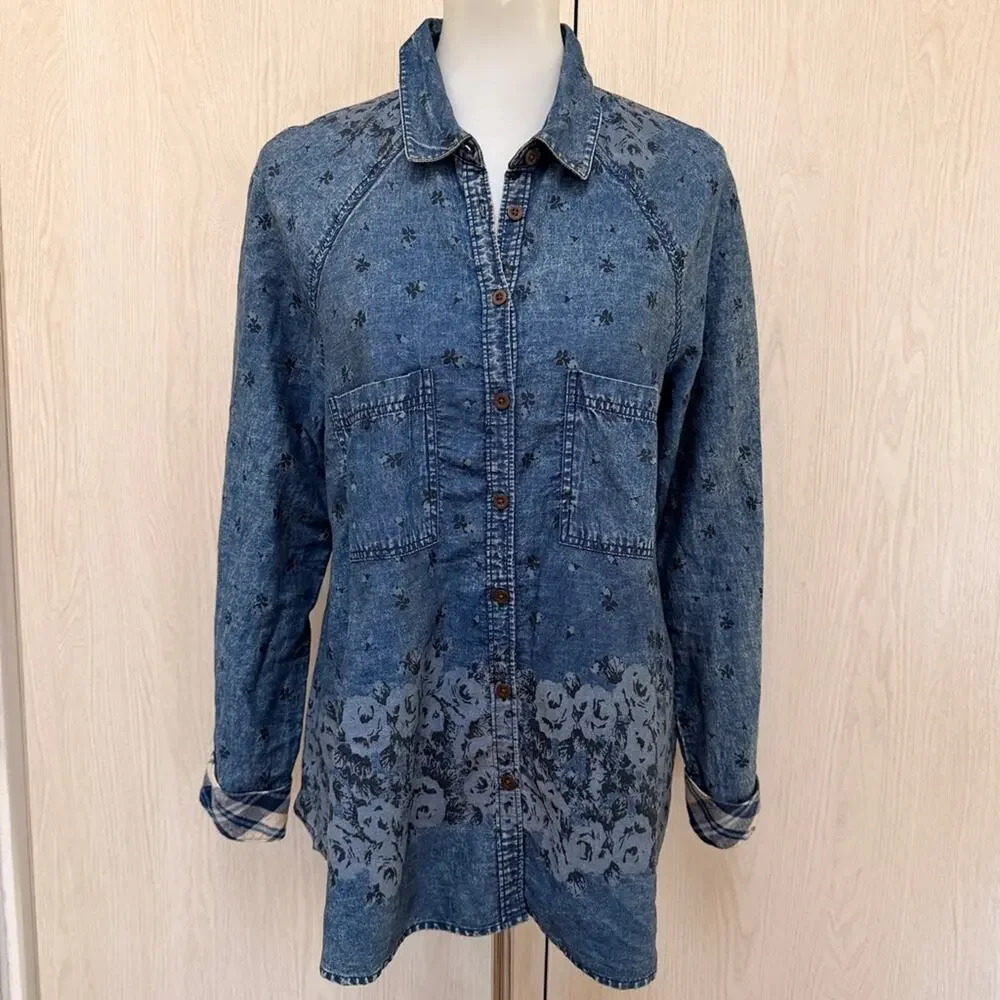 Free People Indigo Floral and plaid western style Button-Up shirt size medium